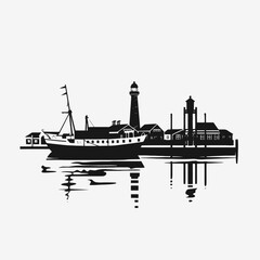 Obraz premium Coastal harbor scene featuring a ship, buildings, and lighthouse silhouette.