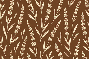Seamless lavender floral pattern with elegant leaves on brown background. Hand-drawn botanical design perfect for fabric, textile, wallpaper, wrapping paper, and surface decoration.