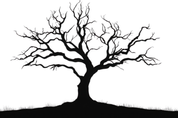 Drought tree silhouette reveals stark beauty and resilience against a transparent background with low-resolution detail expressing nature's challenges