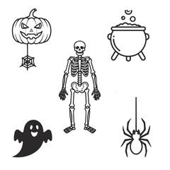 halloween skeleton with ghost, pumpkin, spider, and cauldron icons, spooky cartoon clipart set