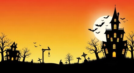 Halloween graveyard scene with haunted houses, jackolanterns, bats, and a full moon