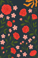 Seamless floral pattern with red roses and pink cherry blossoms on a dark background. Elegant botanical design perfect for textile, fabric, wallpaper, wrapping paper, and decorative projects.