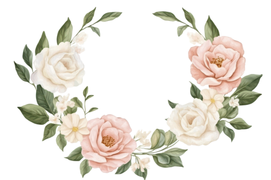 Delicate floral wreath design featuring blooming roses, peonies, and greenery in soft pastel colors against a clean background, perfect for invitations or decor in any season