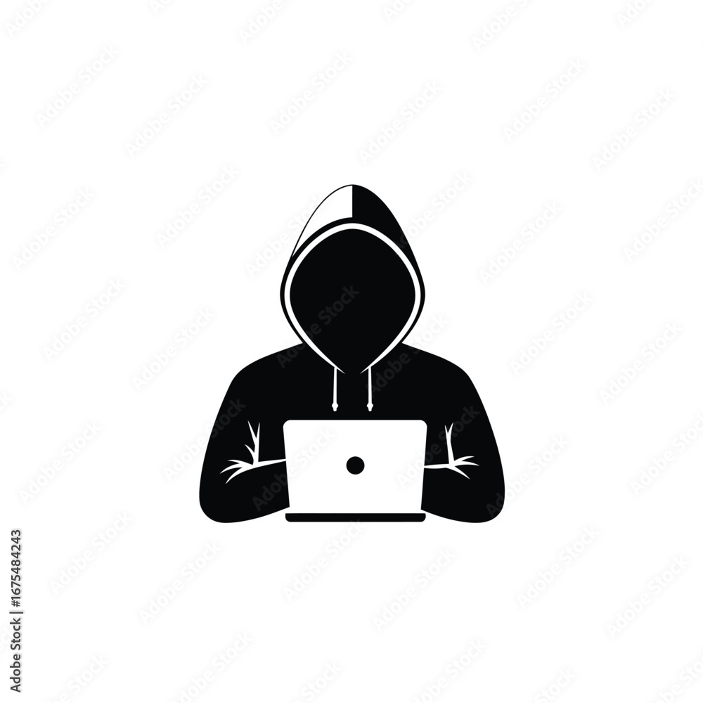 Poster anonymous person with laptop hacker computer