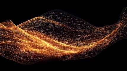 Glowing golden wave of interconnected particles and lines forming a digital data stream on black background