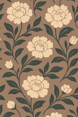 Seamless peony floral pattern with beige flowers and dark green leaves on brown background. Elegant botanical illustration design for textile, fabric, wallpaper, wrapping paper, and decorative