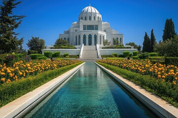 Symmetrical white domed building with tall arched windows at the end of a reflecting pool surrounded by vibrant orange flowers and green bushes under clear blue sky