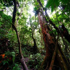 Fototapeta premium Lush Tropical Rainforest Canopy with Sunlight Peeking Through Trees.