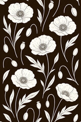 Seamless poppy flower pattern in elegant white line art on dark background. Hand-drawn botanical design with delicate petals and leaves. Perfect for textile, fabric, wallpaper, wrapping paper,