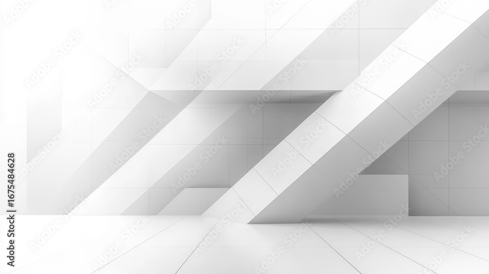 Poster minimalist interior with geometric patterns and large diagonal wall structures in a bright white emp