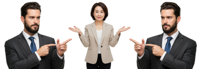 Business team collaboration, pointing directions, and presenting ideas confidently