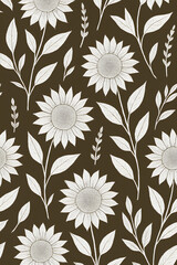 Seamless sunflower floral pattern with hand-drawn white flowers and leaves on a dark brown background. Elegant botanical design suitable for textile, fabric, wallpaper, wrapping paper, and decorative