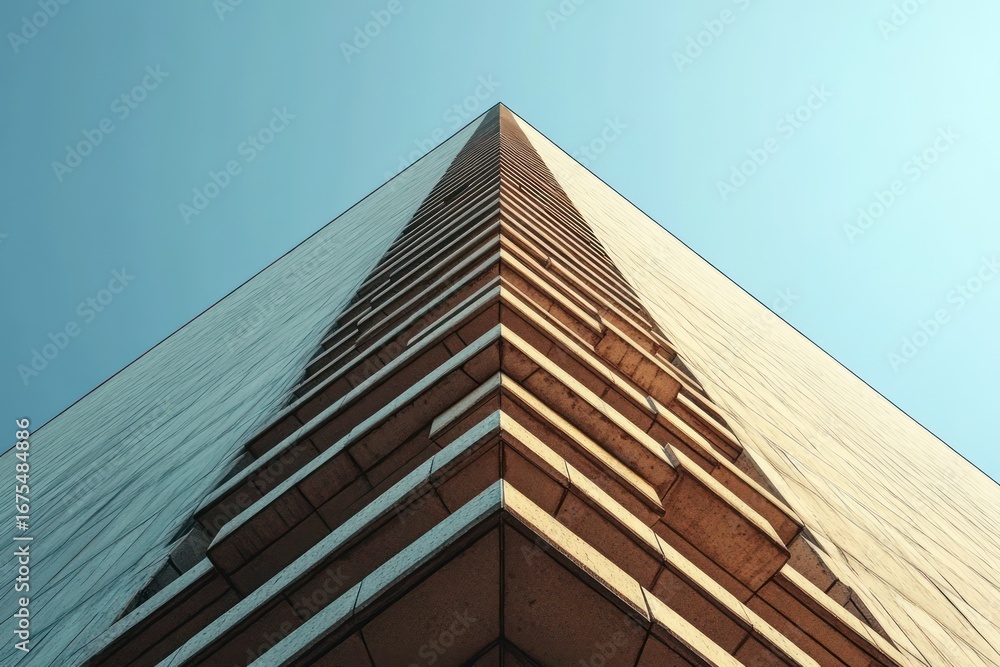 Poster upward view of a tall modern building with strong geometric lines and sharp angles under a clear sky