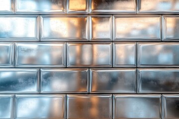 Reflective metallic subway tile wall with smooth beveled edges and warm light reflections creating a modern and sleek surface texture
