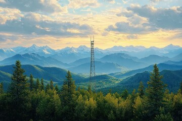 Tall communication tower amidst dense green forest with layered mountain ranges under a partly cloudy sunrise sky