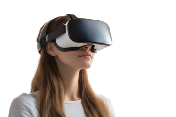 Woman wearing virtual reality glasses blissfully engaged in an immersive experience while standing against a clean white background