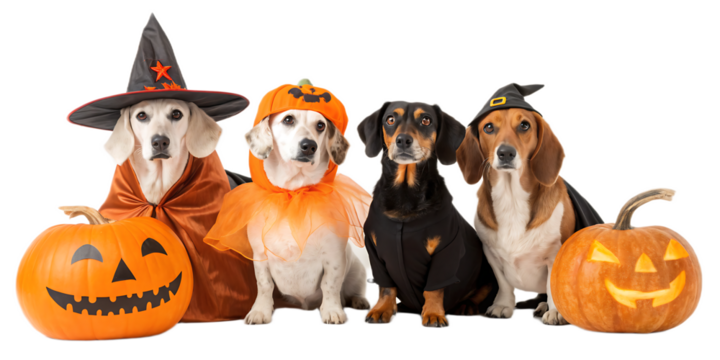 A group of dogs dressed in halloween costumes with pumpkins on a white studio background posing for the camera