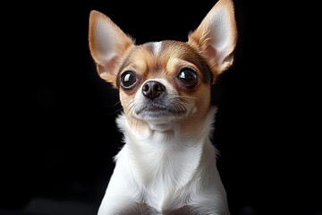 close-up of a small light brown and white chihuahua dog with large eyes and ears on a black background showing alert and curious expression