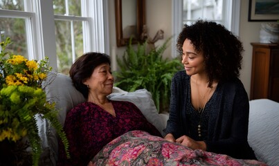 Caregiver holding patient’s hand at bedside in cozy home setting