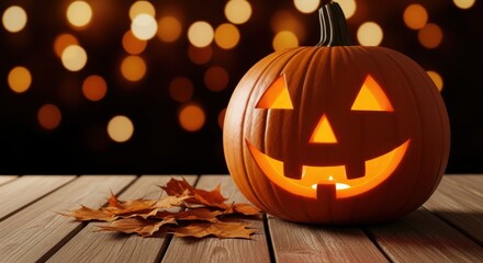 Obraz premium Closeup of a glowing carved halloween pumpkin jackolantern on a wooden table