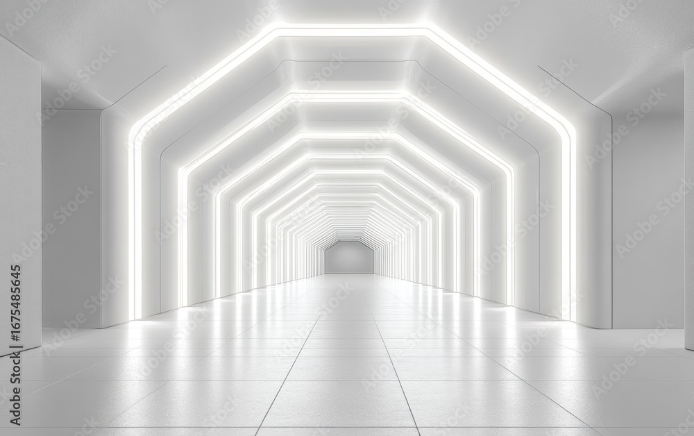 Poster bright white futuristic tunnel with geometric glowing led light frames creating a sense of depth and