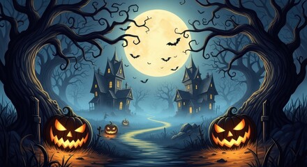 Spooky halloween night with a full moon over haunted castles and glowing jackolanterns