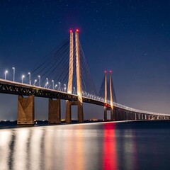 Fototapeta premium Illuminated cable-stayed bridge at night
