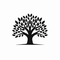 Elegant isolated tree illustration with many oval leaves displaying dark silhouette