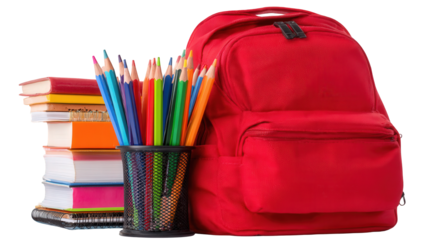 Red Backpack with Colorful Pencils and Books on White Background