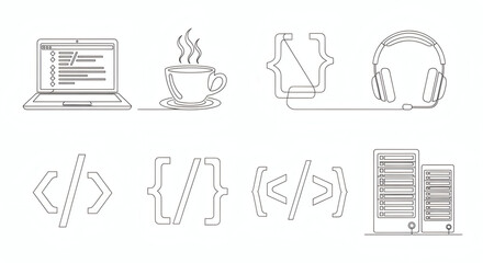 Collection of delicate continuous line art illustrations of modern coding and development. One-line drawings of laptops, coffee cups, headphones, code brackets, and server racks. Minimalist and elegan