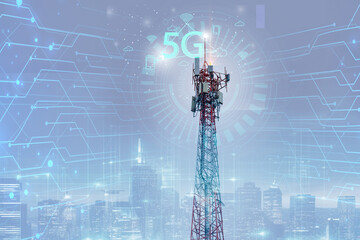 Telecommunication tower or Mobile phone tower with 5G cellular network . Global connection and internet network concept.on city background.