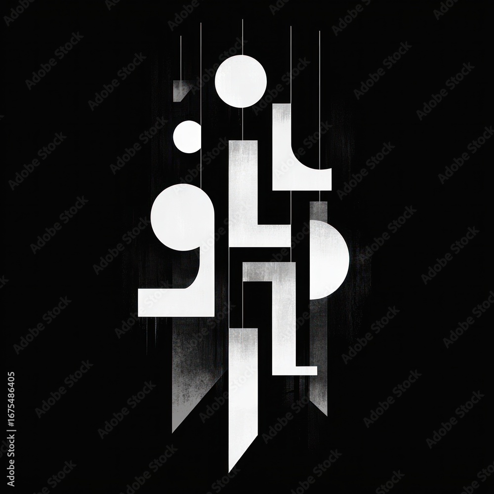 Poster abstract geometric composition of white shapes including circles, rectangles, and lines hanging vert