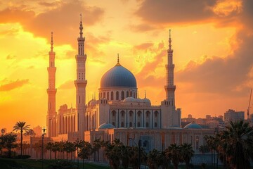 Fototapeta premium Magnificent white mosque with large domes and tall minarets illuminated by a warm golden sunset sky surrounded by palm trees and urban skyline