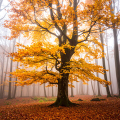 Autumn tree in misty forest