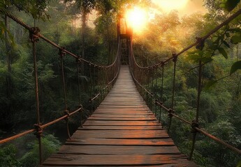 Obraz premium Suspension wooden bridge over lush green forest with golden sunlight filtering through trees during sunset