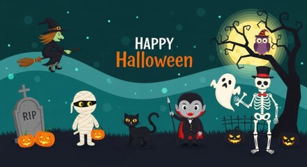 Happy halloween with cute cartoon characters like witch, vampire, skeleton, mummy, ghost, and cat