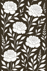 Seamless peony floral pattern in white line art on dark brown background. Elegant botanical design perfect for fabric, wallpaper, wrapping paper, and decorative surface projects.