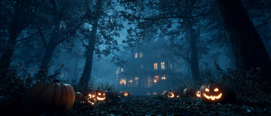 Halloween background with pumpkins and haunted house. Evil Pumpkin. Spooky scary dark Night forrest. Holiday event halloween banner background concept. Unreal Engine.