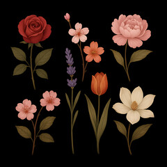 Collection of elegant watercolor flowers on black background including rose, cherry blossom, tulip, peony, magnolia, lavender, and wildflowers. Botanical illustration design perfect for invitations,