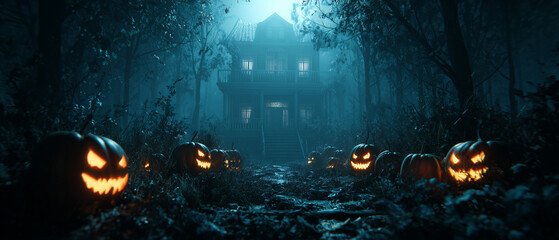 Halloween background with pumpkins and haunted house. Evil Pumpkin. Spooky scary dark Night forrest. Holiday event halloween banner background concept. Unreal Engine.