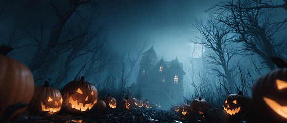 Halloween background with pumpkins and haunted house. Evil Pumpkin. Spooky scary dark Night forrest. Holiday event halloween banner background concept. Unreal Engine.