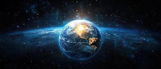 Bright sunlit Earth with visible continents and city lights floating in deep space surrounded by stars and cosmic dust, evoking a sense of wonder and vastness