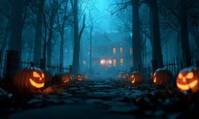 Halloween background with pumpkins and haunted house. Evil Pumpkin. Spooky scary dark Night forrest. Holiday event halloween banner background concept. Unreal Engine.