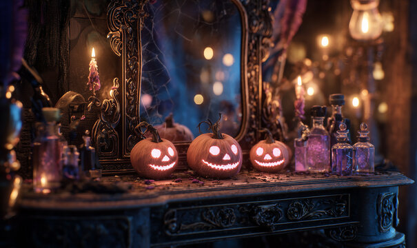 A dark, ornate vanity with a cracked mirror. Three glowing jack-o’-lanterns with stitched mouths and button eyes, surrounded by potion bottles, feathers, and a smoldering incense trail. Halloween.