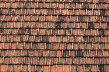 Detailed top view of aged terracotta roof tiles with visible weathering, texture, and organic patterns on a traditional rooftop surface.
