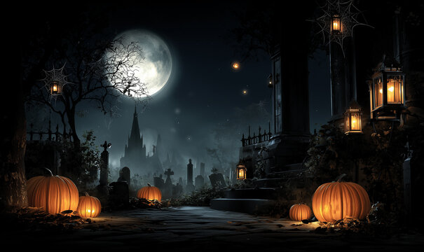Halloween Full moon night with pumpkins and a ghostly cemetery background. The setting includes spooky gothic architecture. Swing. - Powered by Adobe