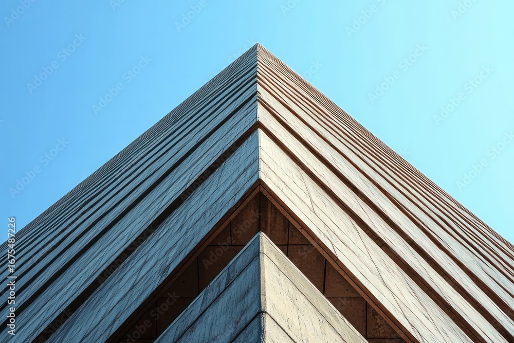 Poster sharp corner view of a modern concrete building with strong diagonal lines and clear blue sky backgr