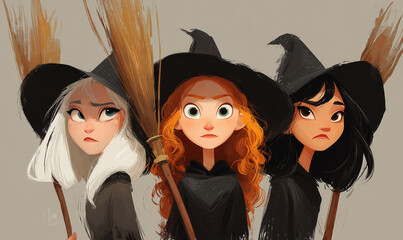 Three Halloween witches with hats and brooms. Each one has a different color of hair.