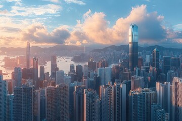 A panoramic view of a modern city skyline with numerous high-rise buildings under a vibrant sunrise sky with scattered clouds and distant mountains