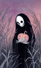 A minimal and eerie illustration with pastel colors, using marker art and stippling techniques. Inspired by analog horror and occult symbolism. Gothic motifs. Halloween.